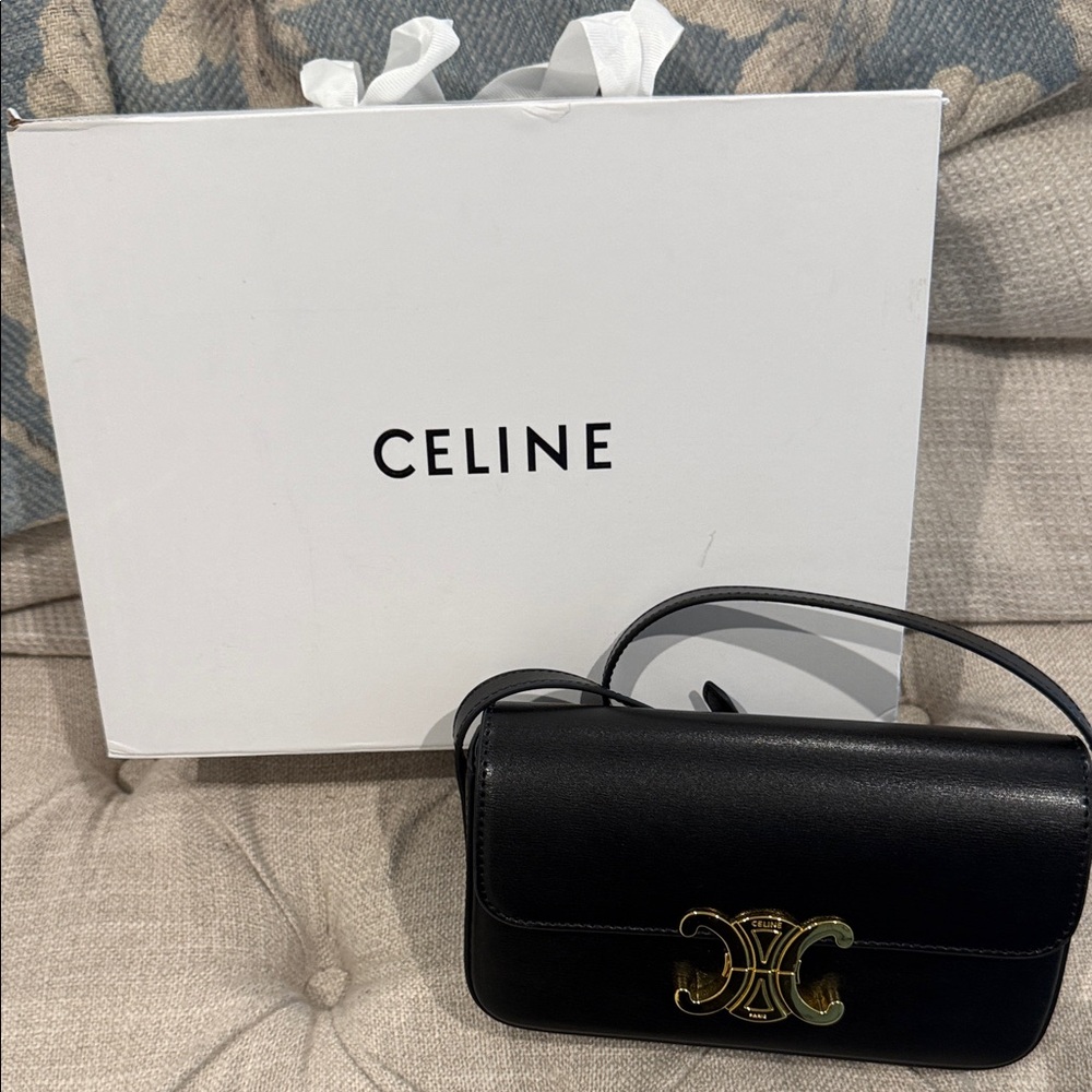 Celine Black Leather Triomphe Bag with Gold Hardware